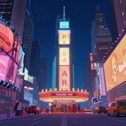 3 d color photo of 1 9 3 0 s times square, nyc at night, by pixar, disney animation, romare bearden