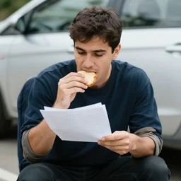 man eating paper next to a car