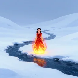 flame princess glowing in a stark minimalist frozen creek snowdrift landscape from mulan ( 1 9 9 8 )