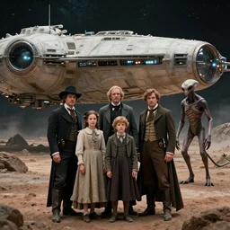 sharp, detailed, 8192k film still from a sci fi blockbuster color movie made in 2019, set in 1860, of a family standing in front of a spaceship that has just landed on an alien planet, a humanoid alien creature stands nearby, the family are all wearing 1860s era clothes, good lighting, good photography, sharp focus