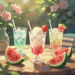 cold drinks, ice cream, watermelon embellishment, books and flowers, trending on studio ghibli, dreamy, soft, global illumination, radiant light, intricate environment, luminescence, highly detailed, 8 k