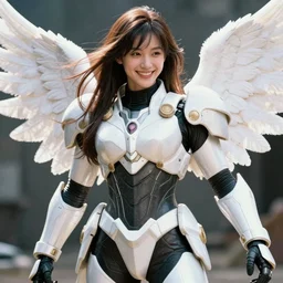 grainy film photograph of battle angel in real life, beautiful, smiles, plastic armor, dynamic lighting, passionate, magazine cover, cinematic, highly detailed, sharp focus, art by artgerm and greg rutkowski