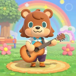 Keke from animal crossing playing guitar at Woodstock, psychadelic art, colorful, high quality