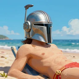 pulp art, gil elvgren, 3d octane blender render. person relaxing on scenic beach wearing mandalorian helmet, blue sky, swimsuit.