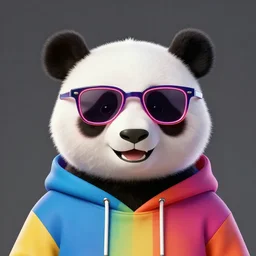 portrait of smiling panda in colorful hoodie in neon sunglasses, by greg hildebrandt and michael hutter