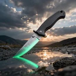 tactical knife, glow, reflection, wide angle, art detail carbon fiber handle