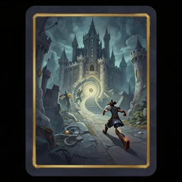 dixit card, inside the castle, focal point, character chasing, chased, dark fantasy, spiral staircase, vertigo, fear of heights, dizzying, intricate, amazing composition, colorful watercolor, by ruan jia, by maxfield parrish, by shaun tan, by nc wyeth, by michael whelan, by escher, illustration, gravity rush, volumetric