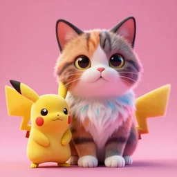 high quality 3 d render hyperrealist very cute multicolor stripped fluffy! doe cat hybrid highly detailed, vray smooth, in the style of detective pikachu, hannah yata charlie immer, dramatic pink light, low angle, uhd 8 k, sharp focus