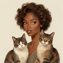 a brown skinned woman with two cats, brown curly hair, portrait, elegant, intricate, digital painting, artstation, concept art, smooth, sharp focus, illustration, art by konstantin korovin and daniel f. gerhartz and john howe