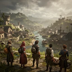 windswept vista overlooking an ancient pirate port village. jasmin habezai fekri, anton fadeev, tony zhou shuo, greg rutkowski, unreal engine 5