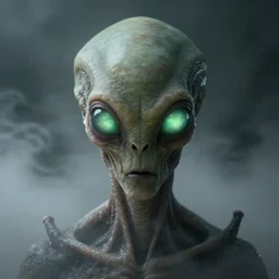 portrait of alien with long forehead. green semitransparant cloudy lightly glowing eyes. high quality photorealistic octane render hd, hyperrealism, volumetric fog, scary, unnerving, serious, dark, fear, concept art of chris foss, trending on artstation, cgstation, symmetric, horror, insectoid, reptiloid, alien features, nonhuman monster