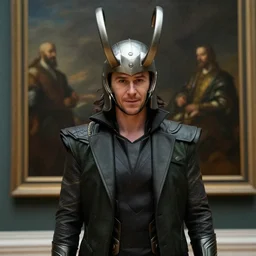 chris hemsworth as loki with helmet, museum painting by rembrandt
