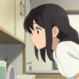 anime visual, illustration of a young woman looking in a kitchen cabinet from a distance, cute face by ilya kuvshinov, yoshinari yoh, makoto shinkai, katsura masakazu, dynamic perspective pose, detailed facial features, kyoani, rounded eyes, crisp and sharp, cel shad, anime poster, ambient light,