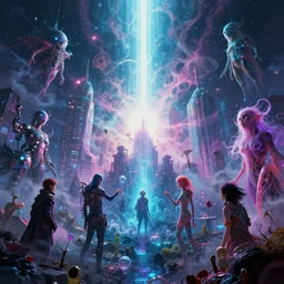 a psychedelic cyberpunk city at the edge of existence where intensely creative astral beings exist, delirium, chaotic storm of liquid smoke, by petros afshar, ross tran, tom whalen, peter mohrbacher, junji ito, artgerm, shattered glass, bubbly underwater scenery, radiant light