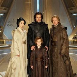 family portrait of duke leto atreides, lady jessica and paul atreides, dune, futuristic palace, aristocratic, space opera, in the style of yamato - e, tosa school, tosa mitsuoki, iwasa matabei, awataguchi takamitsu.