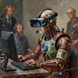 junky with computers, cybertronic gadgets and vr helmet, flesh + technology, durty colours, rotten textures, rusty shapes, biotechnology, norman rockwell, tim hildebrandt, dariusz zawadzki, bruce pennington, larry elmore, hyperrealistic oil painting on canvas, deep depth field, masterpiece, cinematic composition, hyper - detailed, hd, hdr