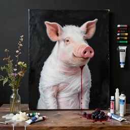 “ a portrait in a female art student ’ s apartment, sensual, a pig theme, skin wrapped in white cotton, art supplies, paint tubes, ikebana, herbs, a candle dripping white wax, black walls, squashed berries, berry juice drips, acrylic and spray paint and oilstick on canvas, surrealism, neoexpressionism ”