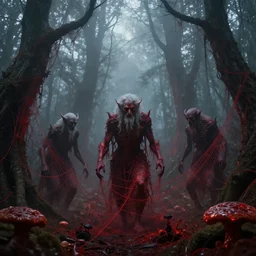 elder demons from the abyss in a misty forest, red webs and fungus, red by emil melmoth, by rozalski, cinematic,