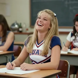 VHS video still of a 1989, 18 year-old cheerleader sitting back at her desk, laughing and happy with long blonde hair, wearing her high school cheerleader uniform, in a science classroom