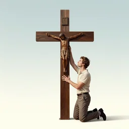 beautiful graphic full body portrait, a man kneeling at a cross, 1 9 7 0 s illustrated advertising art, painterly character design by petros afshar, quint buchholz, cuno amiet, will barnet,