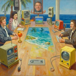 a tabletop vista stretching into the ocean, vintage shapes, retro technology, happy colors rob gonsalves, tim hildebrandt, wayne barlow, bruce pennington, larry elmore, oil on canvas, deep depth field, masterpiece, cinematic composition, hyperdetailed