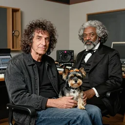 a photograph of a man who looks sort of like Jerry Garcia and sort of like Frederick Douglass, with his hyperactive little dog, in his basement studio, trending on artstation, hyperrealism