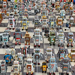 high quality presentation photo of a chess set with retro toy robots as the pieces, photography 4k, f1.8 anamorphic, bokeh, 4k, Canon, Nikon