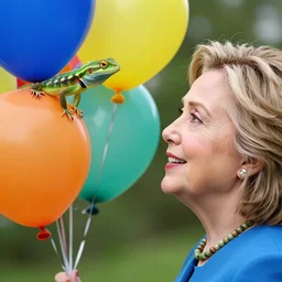 lizard Hillary Clinton looking at brightly colored balloons, photo, detailed, 4k