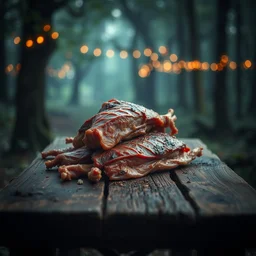 5 5 mm photo of a pile of rotten meat on a wooden table in a magical forest. dof. bokeh. magical atmosphere. art by greg rutkowski. highly detailed 8 k. intricate. lifelike. soft light. nikon d 8 5 0.