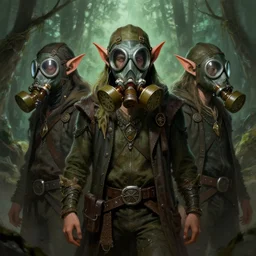 elves with gas masks, occult, weedsmoker, digital painting, artstation, stoner album art by arik roper