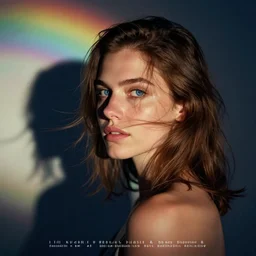 a woman with brown hair and blue eyes looks to the side with face towards the camera and the hair fluttering in the wind. blurry shadow - rainbow - like background, fine details. night setting. realistic shaded lighting poster by ilya kuvshinov katsuhiro, magali villeneuve, artgerm, jeremy lipkin and michael garmash, rob rey and kentaro miura style, trending on art station