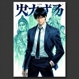 professionally drawn seinen mature cyberpunk detective horror action manga comic cover about hinduism buddhism reincarnation, full color, beautifully drawn coherent professional, drawn by ilya kuvshinov, ilya kuvshinov, satoshi kon and tsutomu nihei. japanese script kanji hiragana on the cover. minimalist stylized cover art. blue green cel shaded