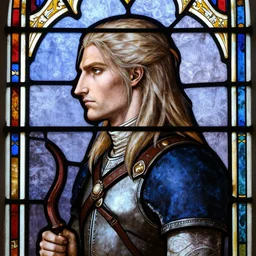 side - view portrait of geralt of rivia, in the style of 1 2 th century stained glass window, christian art, masterful