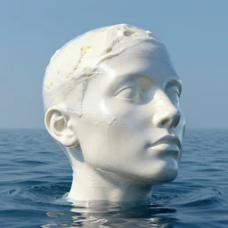 a modern sculpture of a squashed human head with ice cream spread on it wrapped in cling film, on ocean water, in the style of thomas mangold, cg render, ray tracing, 8 k resolution, sharp