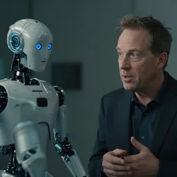 vfx film closeup, john oliver interviewing a robot, flat color profile low - key lighting award winning photography arri alexa cinematography, hyper real photorealistic cinematic, atmospheric cool colorgrade
