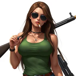 a vtuber model concept art of a beautiful curvy anime girl with an athletic feminine body in a green tank top holding a rifle on a shoulder, art by cushart krentz and greg rutkowski, long hair, tanned body, aviator classic sunglasses, cigarette, empty background, illustration, hyperrealism, octane render, commission art, trending on artstation, pinterest