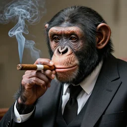 a high detail photo of an antropomorphic chimp wearing a suit smoking a cigarrette, subject= chimp, subject detail: wearing a suit, subject action: smoking a cigarrette photorealism