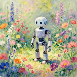 one mechanical robot standing on flower garden looking small with many different colour of flowers arround him, watercolor art, calude monet style, colorfull, hd, uhd, imagination, dreamy