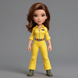 beautiful brown hair female reporter in a yellow jumpsuit character april o ’ neil from animated series tmnt 1 9 8 7, hyperrealism, full body photogenic shot, by in the style of animated series teenage mutant ninja turtles 1 9 8 7, cute - fine - face, pretty face, realistic shaded perfect face, fine details by boris valejo, trending on art station