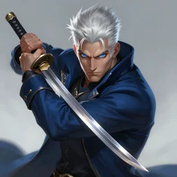 a highly detailed illustration of furious short slick back white haired man wearing dark blue coat, bright blue eyes, heroic dramatic wielding katana pose, intricate, elegant, highly detailed, centered, digital painting, artstation, concept art, smooth, sharp focus, league of legends concept art, wlop