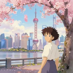 chinese painting of shanghai full of sakura unreal engine ghibly, disney, pixar, dreamworks