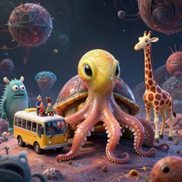 a strange bird turtle octopus giraffe chimera creature waiting for the bus with other monsters, on an alien planet, platonic forms, in the style of shaun tan and sam shearon and dr seuss and leng jun, close up, glossy, beautiful, fantastic, wonderful, science fiction, dramatic lighting, high contrast, fractal background, 3 d sculpture 8 k octane render