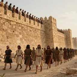 Matte painting of a row of men in Biblical outfits marching in front of the walls of Jericho. People are standing on the walls looking down at them. sunrise, epic, cinematic lighting, detailed digital art trending in artstation