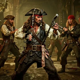 pirate fight scene, highly detailed, unreal engine 5, professional portrait photography, candid photography, by greg rutkowski and alphonse mucha and loish and wlop