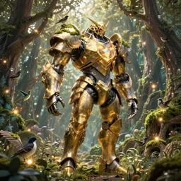 large walking mech covered in gold and silver armor with elden ring and horizon zero dawn aesthetic, covered in moss and birds, glowing lights, beautiful forests and trees, intricate detail, epic wallpaper, art by darek zabrocki and John Park and Feng Zhu and Jason Chan, trending on artstation, masterpiece.