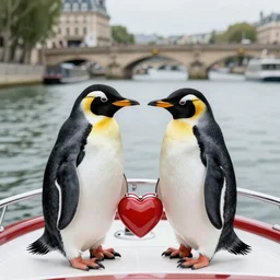 two little penguins in a heart locket holding hands on a boat near the Seine in Paris