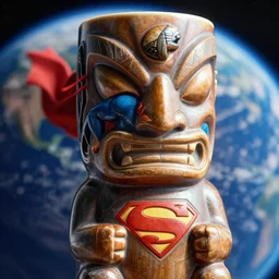 a closeup photorealistic photograph of a trader vic's tiki mug in the style of superman passing by earth in space. bright scene. fine detail. this 4 k hd image is trending on artstation, featured on behance, well - rendered, extra crisp, features intricate detail, epic composition and the style of unreal engine.