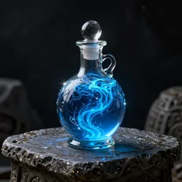 spirit potion containing swirling glowing blue liquid, beautiful intricate glass bottle, on an ancient stone table, black-background!!!!!!!, ominous lighting, fantasy, CGI, octane render, 8k