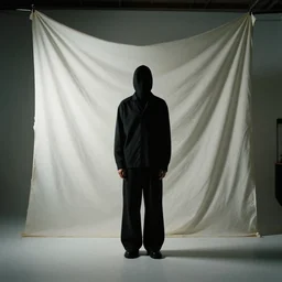 photo of a figure standing in front of a wavering fabric backdrop inside a studio