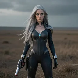 pleiadian woman with big eyes and long silver hair wearing a dark body suit and holding a plasma gun standing in barren fields, cinematic, ultra detailed, art by greg rutkowski